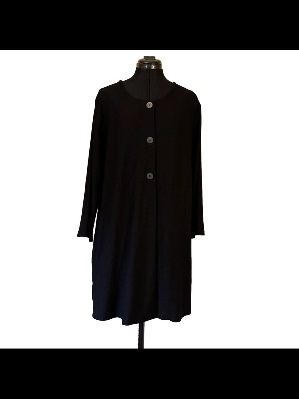 Eileen Fisher Black Stretch Crepe Longline Cardigan Jacket Women Size L Made USA